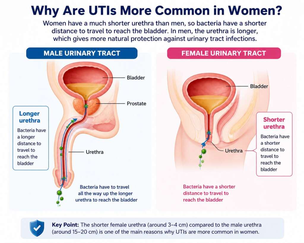 Difference between urinary tract - men verses women.